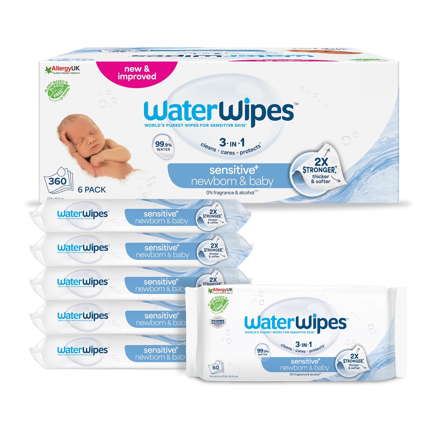 WaterWipes Sensitive+ Newborn & Baby Wipes, 720 Count (12 Packs), 3-In-1 Cleans, Cares, Protects, 99.9% Water, Unscented