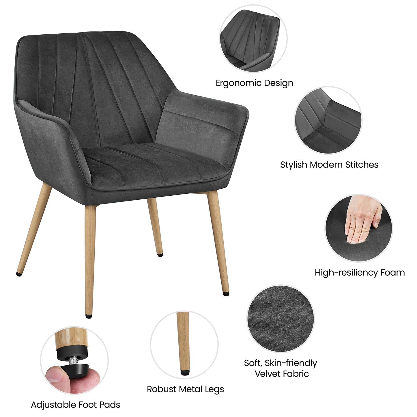 Yaheetech Velvet Tufted Vanity Chair, Modern Armchair with Flared Wide Arms and Metal Legs, Angled Back for Make up Room/Living Room/Bedroom, Dark Gray