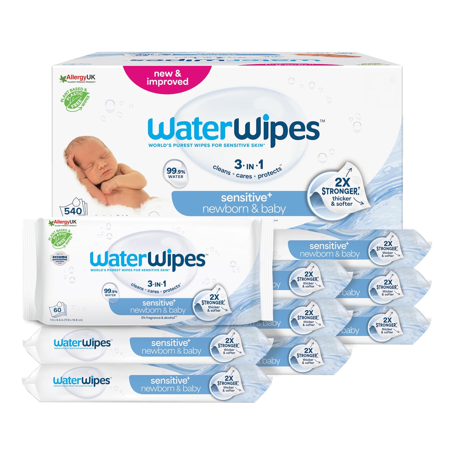WaterWipes Sensitive+ Newborn & Baby Wipes, 720 Count (12 Packs), 3-In-1 Cleans, Cares, Protects, 99.9% Water, Unscented