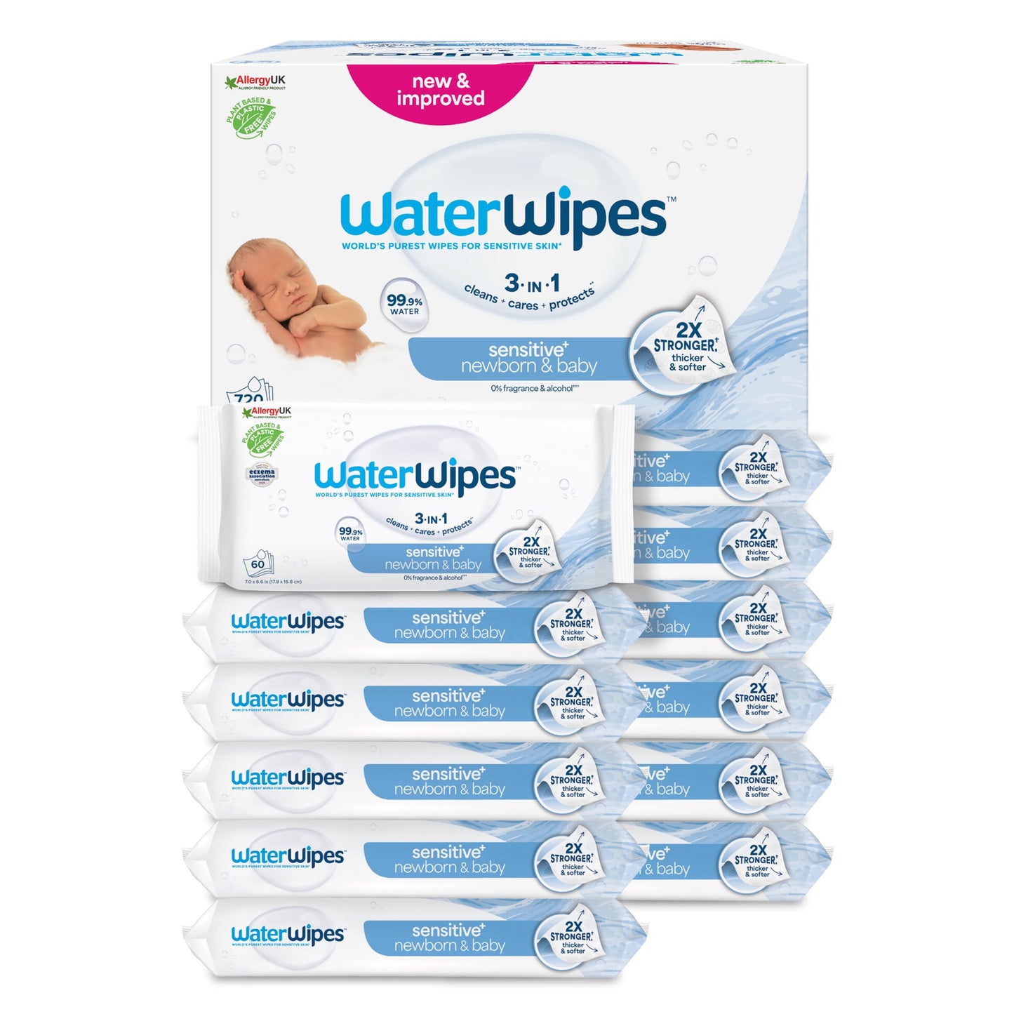 WaterWipes Sensitive+ Newborn & Baby Wipes, 720 Count (12 Packs), 3-In-1 Cleans, Cares, Protects, 99.9% Water, Unscented
