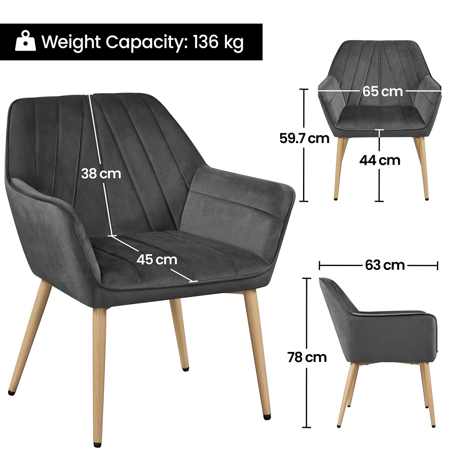 Yaheetech Velvet Tufted Vanity Chair, Modern Armchair with Flared Wide Arms and Metal Legs, Angled Back for Make up Room/Living Room/Bedroom, Dark Gray