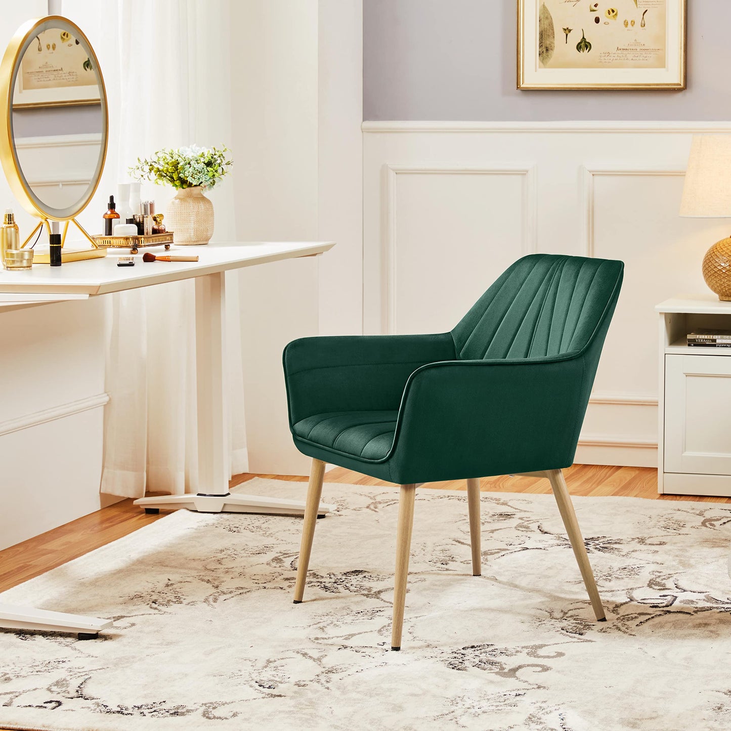 Yaheetech Velvet Tufted Vanity Chair, Modern Armchair with Flared Wide Arms and Metal Legs, Angled Back for Make up Room/Living Room/Bedroom, Dark Gray