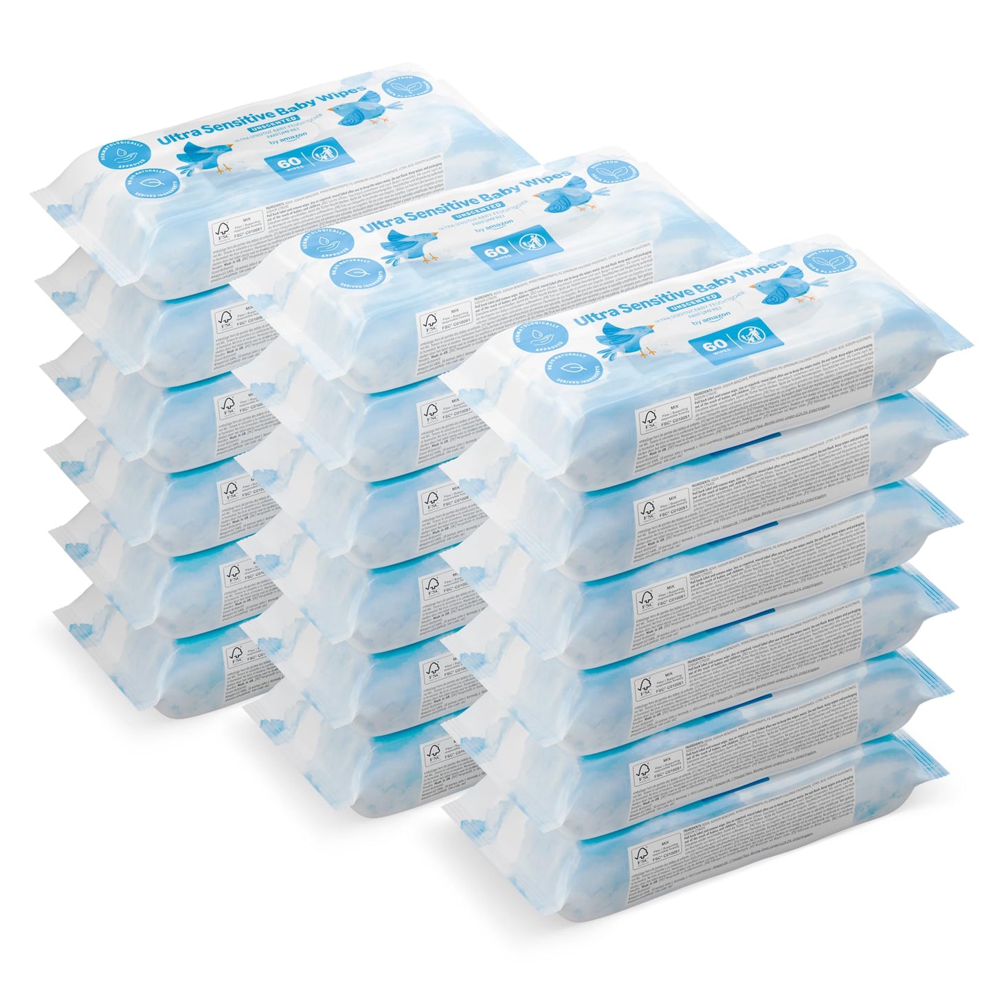 by Amazon Ultra Sensitive Baby Wipes, 99% Water, 1080 Wipes, Unscented, 18 Pack of 60, (Previously a Mama Bear brand, same product)