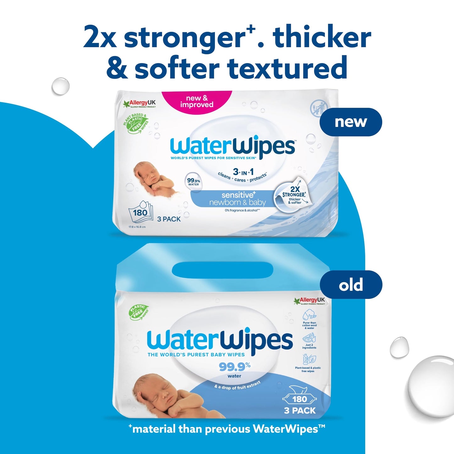 WaterWipes Sensitive+ Newborn & Baby Wipes, 720 Count (12 Packs), 3-In-1 Cleans, Cares, Protects, 99.9% Water, Unscented