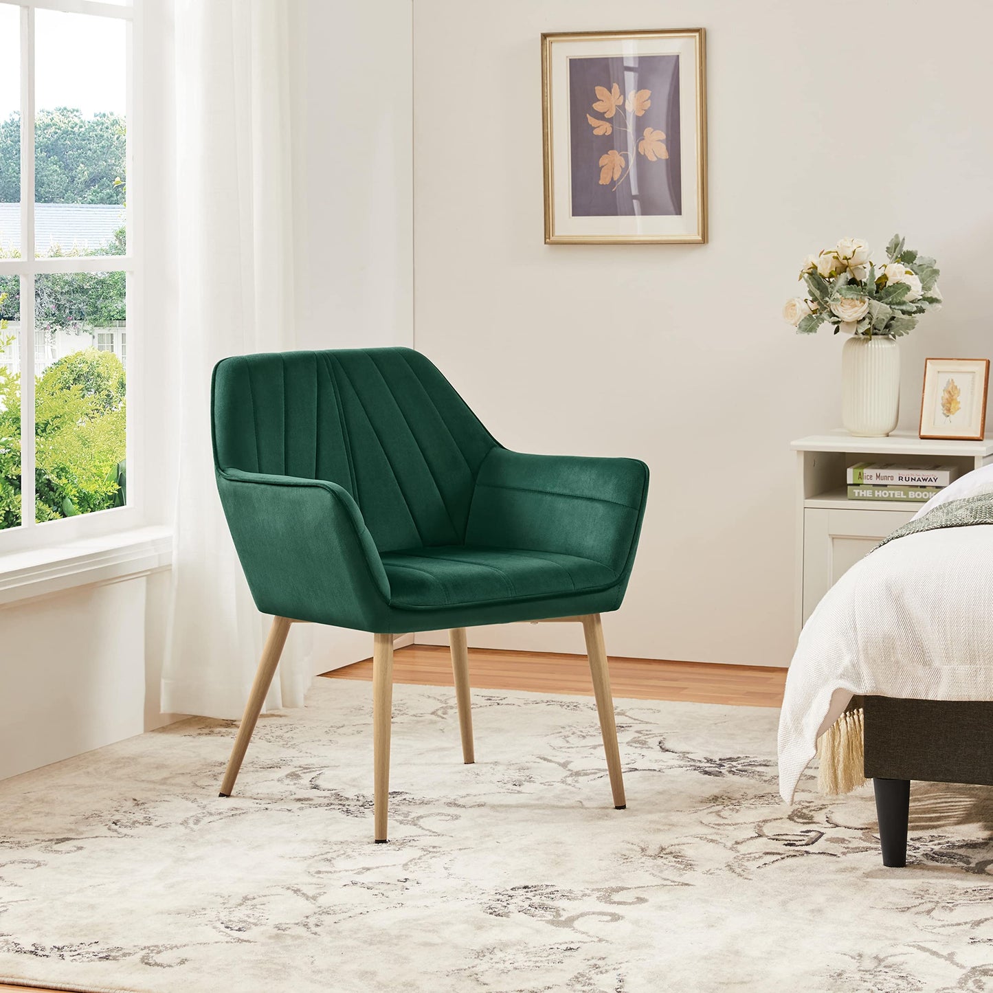 Yaheetech Velvet Tufted Vanity Chair, Modern Armchair with Flared Wide Arms and Metal Legs, Angled Back for Make up Room/Living Room/Bedroom, Dark Gray