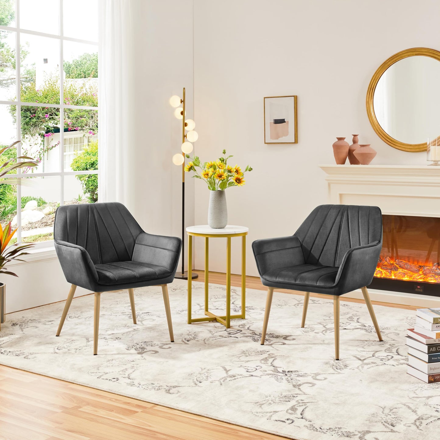 Yaheetech Velvet Tufted Vanity Chair, Modern Armchair with Flared Wide Arms and Metal Legs, Angled Back for Make up Room/Living Room/Bedroom, Dark Gray