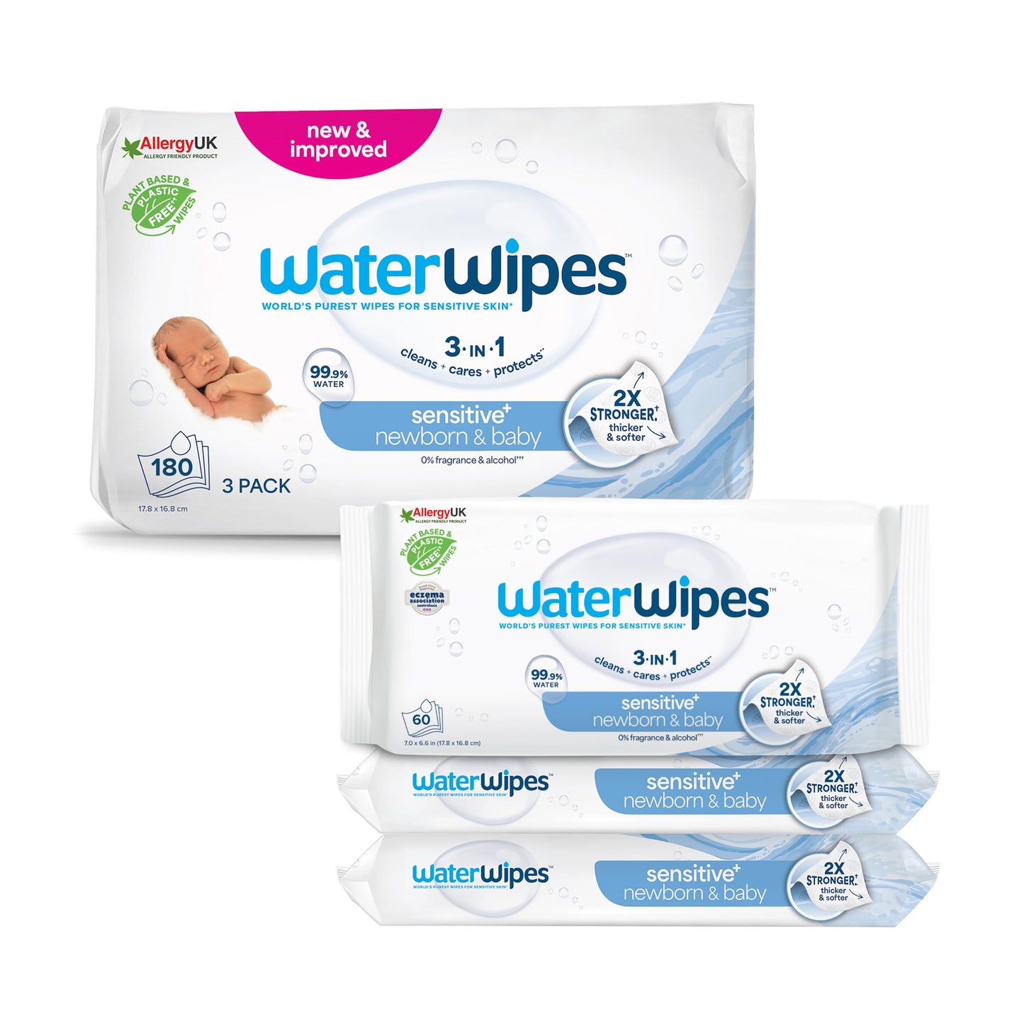 WaterWipes Sensitive+ Newborn & Baby Wipes, 720 Count (12 Packs), 3-In-1 Cleans, Cares, Protects, 99.9% Water, Unscented