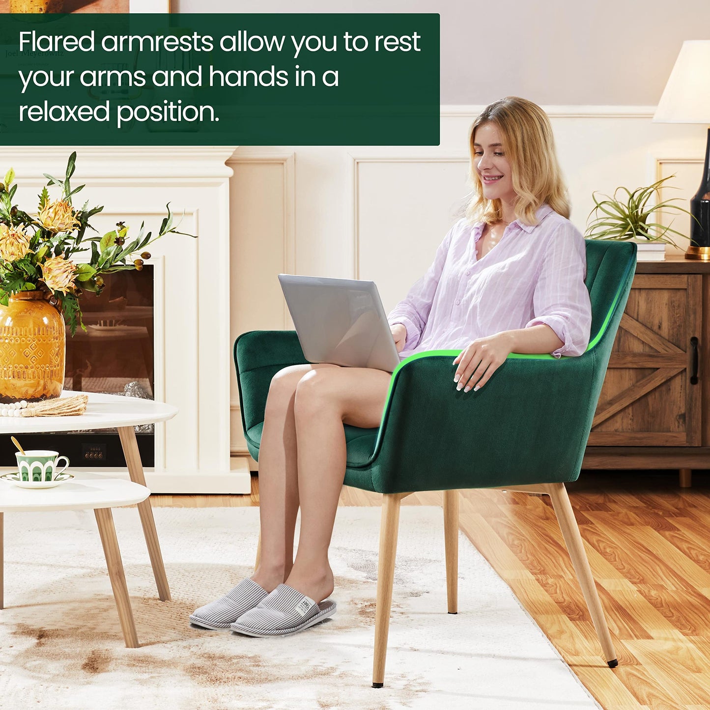 Yaheetech Velvet Tufted Vanity Chair, Modern Armchair with Flared Wide Arms and Metal Legs, Angled Back for Make up Room/Living Room/Bedroom, Dark Gray