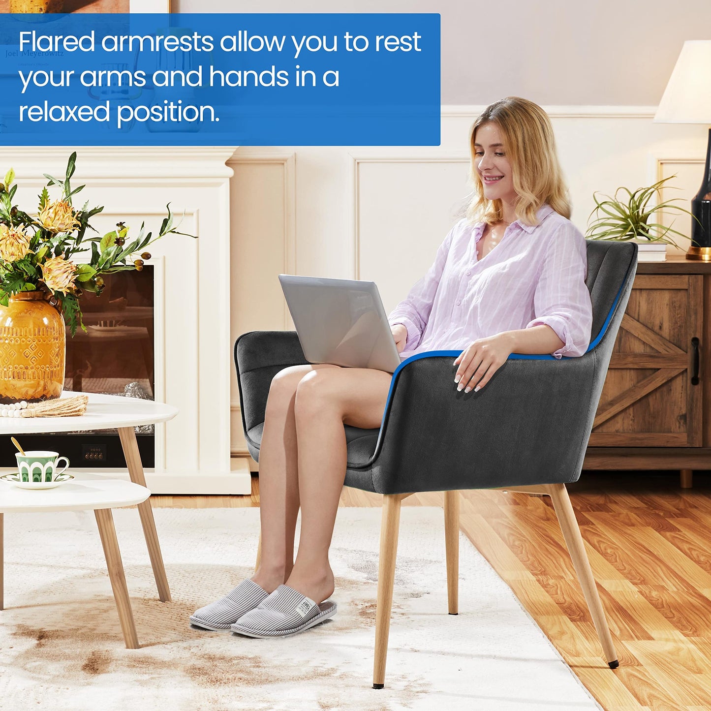 Yaheetech Velvet Tufted Vanity Chair, Modern Armchair with Flared Wide Arms and Metal Legs, Angled Back for Make up Room/Living Room/Bedroom, Dark Gray