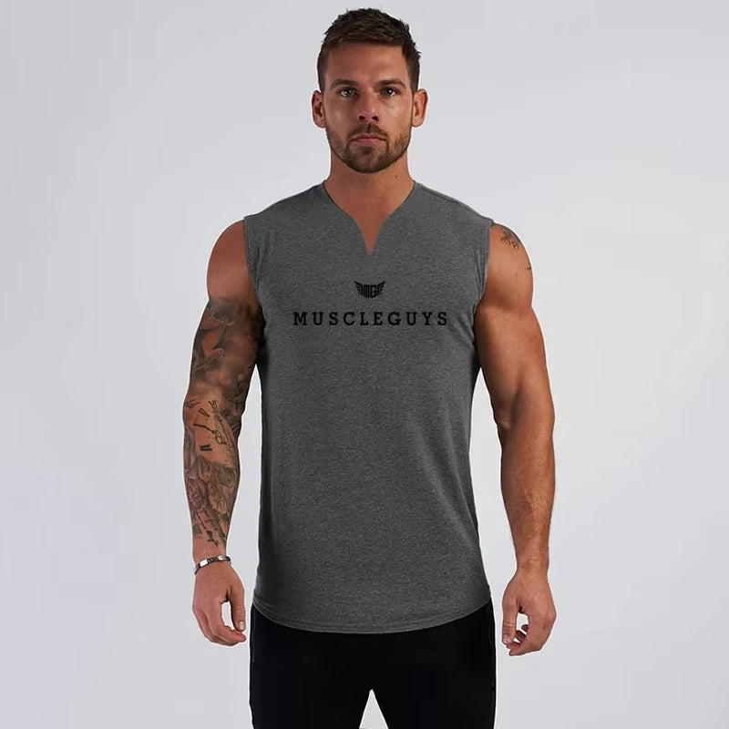 Brand Gym Clothing V Neck Compression Sleeveless Shirt Fitness Mens Tank Top Cotton Bodybuilding Tanktop Workout Vest