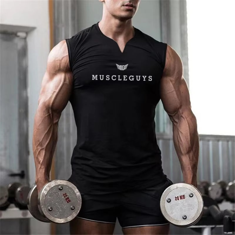 Brand Gym Clothing V Neck Compression Sleeveless Shirt Fitness Mens Tank Top Cotton Bodybuilding Tanktop Workout Vest